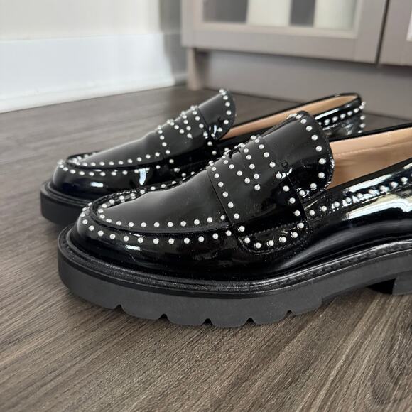 Stuart Weitzman Parker Lift Black Patent Leather Mini Pearl Loafers 36 NEW Shoe - Picture 4 of 8